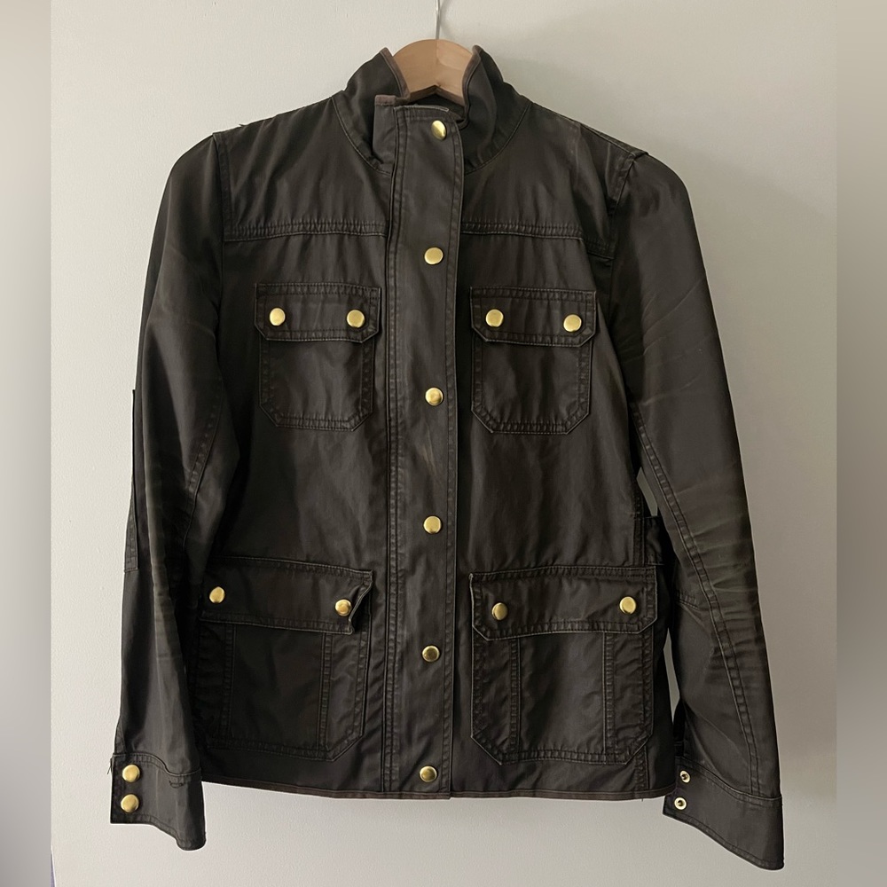J Crew Downtown Field Jacket Coat Small XS Olive Waxed, Relaxed
